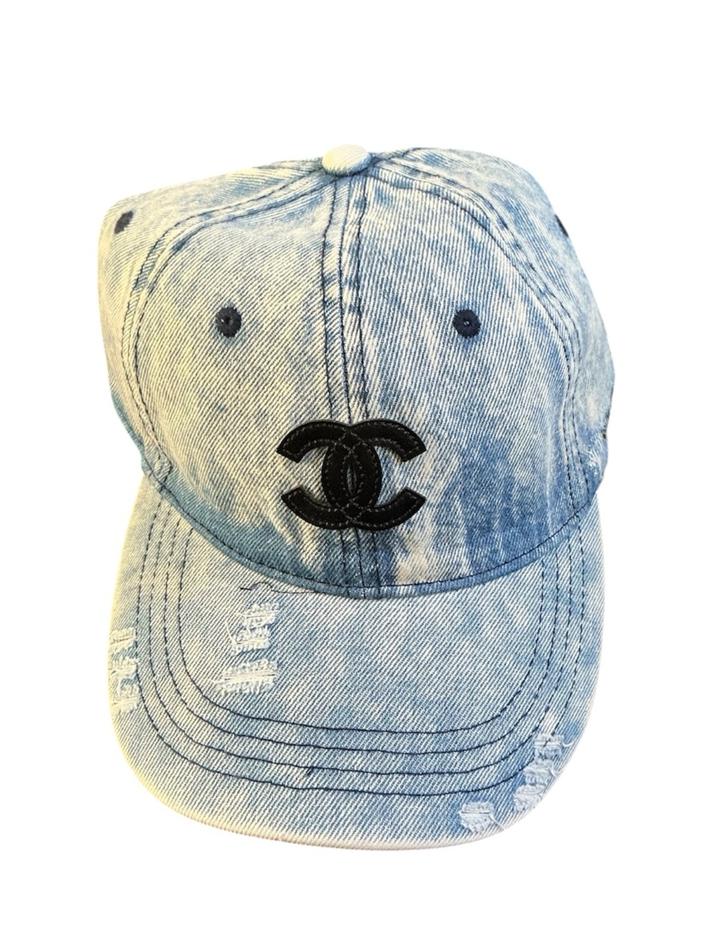 CHANEL Light Blue Denim Cap with Black CC Patch